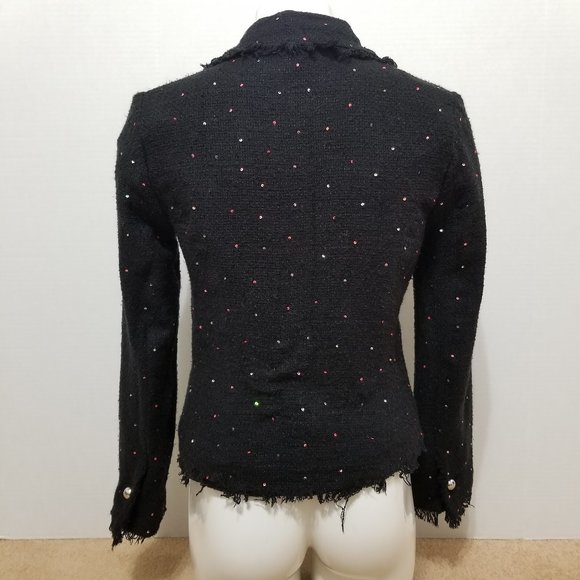 Silkland blazer Small sequin bling eyelash trim knit tweed jacket three buttons - Picture 3 of 13